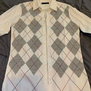 DSQUARED2 White Button-Down Shirt with Gray Argyle and Red Accents